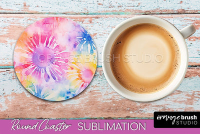 Tie Dye Round Coaster - Rainbow Coaster Sublimation Design Sublimation OrangeBrushStudio 