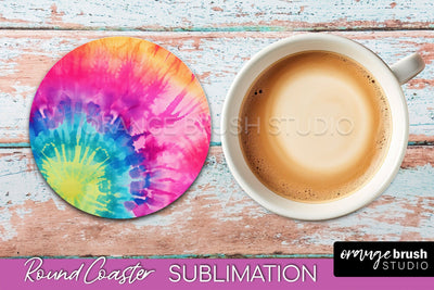 Tie Dye Round Coaster - Rainbow Coaster Sublimation Design Sublimation OrangeBrushStudio 