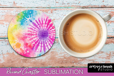 Tie Dye Round Coaster - Rainbow Coaster Sublimation Design Sublimation OrangeBrushStudio 
