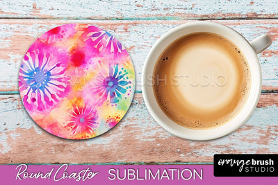 Tie Dye Round Coaster - Rainbow Coaster Sublimation Design Sublimation OrangeBrushStudio 