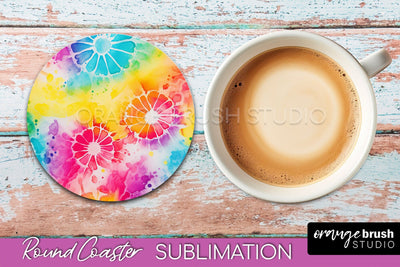 Tie Dye Round Coaster - Rainbow Coaster Sublimation Design Sublimation OrangeBrushStudio 