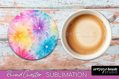 Tie Dye Round Coaster - Rainbow Coaster Sublimation Design Sublimation OrangeBrushStudio 