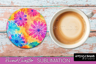 Tie Dye Round Coaster - Rainbow Coaster Sublimation Design Sublimation OrangeBrushStudio 