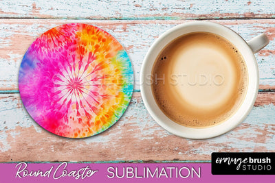 Tie Dye Round Coaster - Rainbow Coaster Sublimation Design Sublimation OrangeBrushStudio 