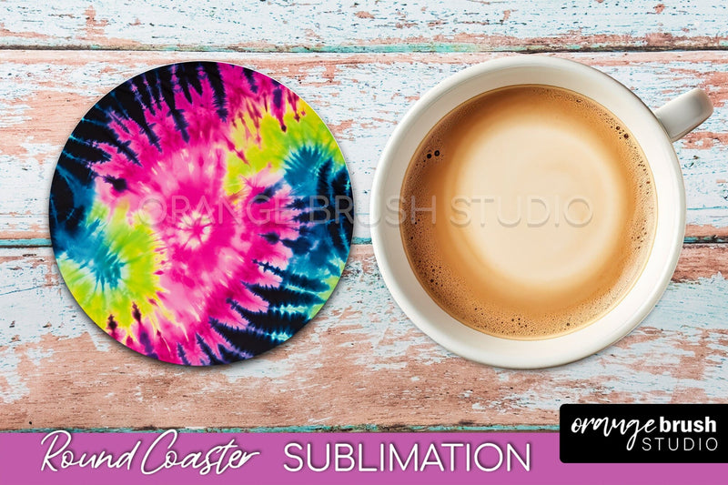 Tie Dye Round Coaster Sublimation - Neon Rainbow Coaster Sublimation OrangeBrushStudio 