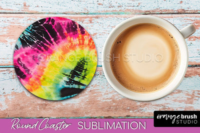 Tie Dye Round Coaster Sublimation - Neon Rainbow Coaster Sublimation OrangeBrushStudio 