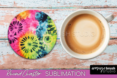 Tie Dye Round Coaster Sublimation - Neon Rainbow Coaster Sublimation OrangeBrushStudio 