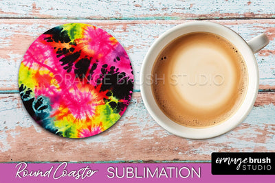 Tie Dye Round Coaster Sublimation - Neon Rainbow Coaster Sublimation OrangeBrushStudio 
