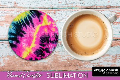 Tie Dye Round Coaster Sublimation - Neon Rainbow Coaster Sublimation OrangeBrushStudio 