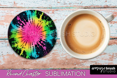 Tie Dye Round Coaster Sublimation - Neon Rainbow Coaster Sublimation OrangeBrushStudio 