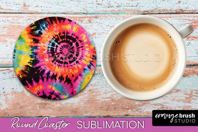 Tie Dye Round Coaster Sublimation - Neon Rainbow Coaster Sublimation OrangeBrushStudio 