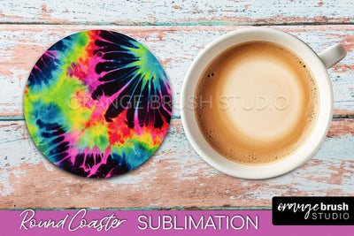Tie Dye Round Coaster Sublimation - Neon Rainbow Coaster Sublimation OrangeBrushStudio 