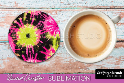 Tie Dye Round Coaster Sublimation - Neon Rainbow Coaster Sublimation OrangeBrushStudio 