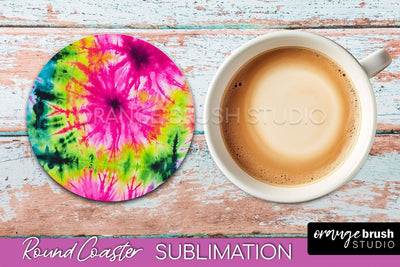Tie Dye Round Coaster Sublimation - Neon Rainbow Coaster Sublimation OrangeBrushStudio 