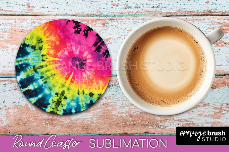 Tie Dye Round Coaster Sublimation - Neon Rainbow Coaster Sublimation OrangeBrushStudio 