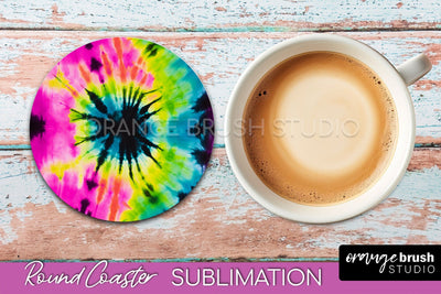 Tie Dye Round Coaster Sublimation - Neon Rainbow Coaster Sublimation OrangeBrushStudio 
