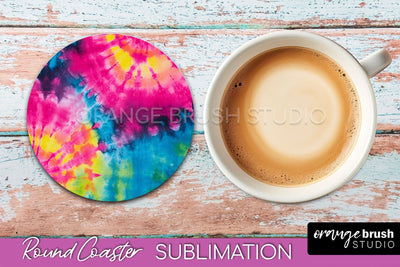 Tie Dye Round Coaster Sublimation - Neon Rainbow Coaster Sublimation OrangeBrushStudio 