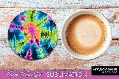 Tie Dye Round Coaster Sublimation - Neon Rainbow Coaster Sublimation OrangeBrushStudio 