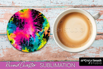 Tie Dye Round Coaster Sublimation - Neon Rainbow Coaster Sublimation OrangeBrushStudio 