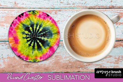 Tie Dye Round Coaster Sublimation - Neon Rainbow Coaster Sublimation OrangeBrushStudio 