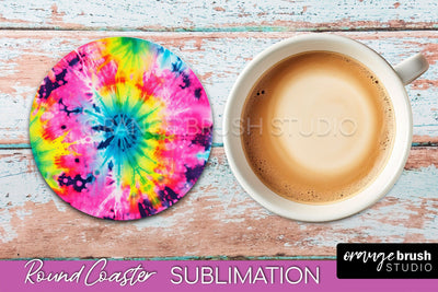 Tie Dye Round Coaster Sublimation - Neon Rainbow Coaster Sublimation OrangeBrushStudio 