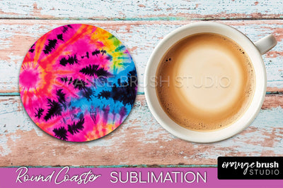 Tie Dye Round Coaster Sublimation - Neon Rainbow Coaster Sublimation OrangeBrushStudio 