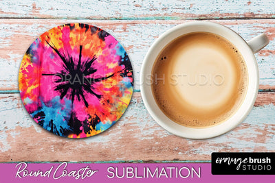 Tie Dye Round Coaster Sublimation - Neon Rainbow Coaster Sublimation OrangeBrushStudio 