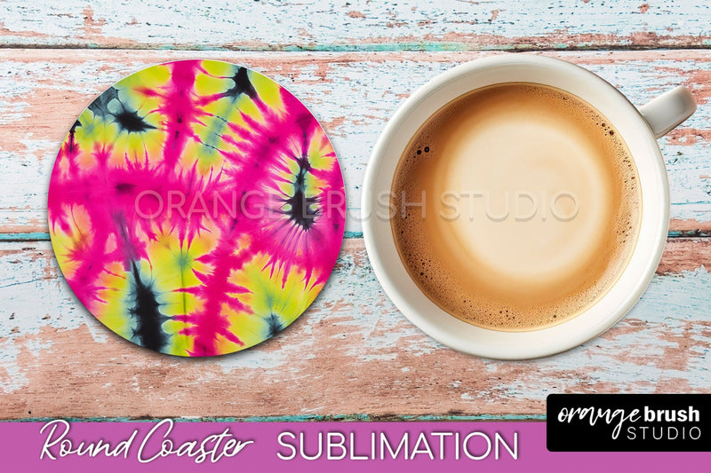 Tie Dye Round Coaster Sublimation - Neon Rainbow Coaster Sublimation OrangeBrushStudio 