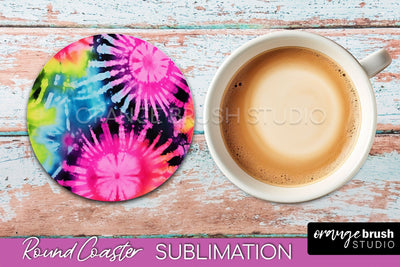 Tie Dye Round Coaster Sublimation - Neon Rainbow Coaster Sublimation OrangeBrushStudio 