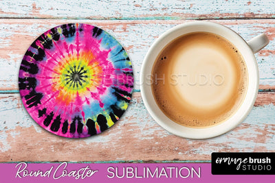 Tie Dye Round Coaster Sublimation - Neon Rainbow Coaster Sublimation OrangeBrushStudio 