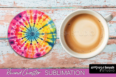 Tie Dye Round Coaster Sublimation - Neon Rainbow Coaster Sublimation OrangeBrushStudio 