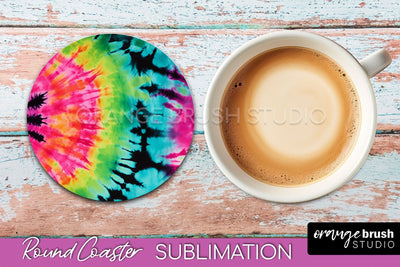 Tie Dye Round Coaster Sublimation - Neon Rainbow Coaster Sublimation OrangeBrushStudio 