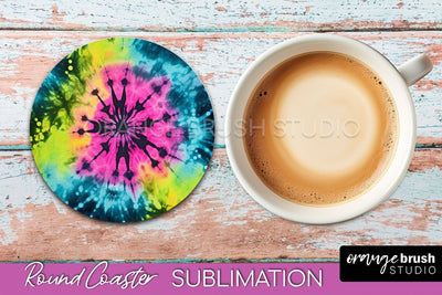 Tie Dye Round Coaster Sublimation - Neon Rainbow Coaster Sublimation OrangeBrushStudio 