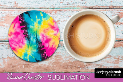 Tie Dye Round Coaster Sublimation - Neon Rainbow Coaster Sublimation OrangeBrushStudio 