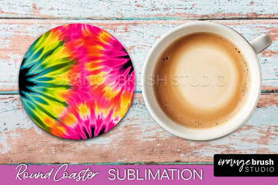Tie Dye Round Coaster Sublimation - Neon Rainbow Coaster Sublimation OrangeBrushStudio 