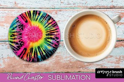 Tie Dye Round Coaster Sublimation - Neon Rainbow Coaster Sublimation OrangeBrushStudio 