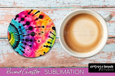 Tie Dye Round Coaster Sublimation - Neon Rainbow Coaster Sublimation OrangeBrushStudio 