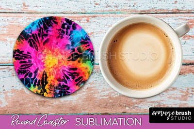 Tie Dye Round Coaster Sublimation - Neon Rainbow Coaster Sublimation OrangeBrushStudio 