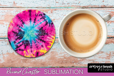 Tie Dye Round Coaster Sublimation - Neon Rainbow Coaster Sublimation OrangeBrushStudio 