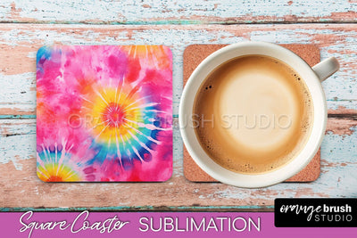 Tie Dye Square Coaster - Rainbow Coaster Sublimation Design Sublimation OrangeBrushStudio 