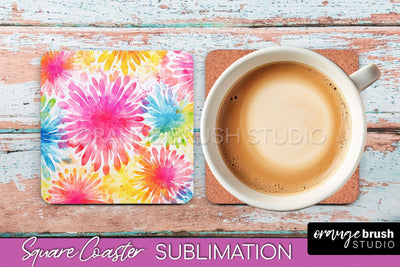 Tie Dye Square Coaster - Rainbow Coaster Sublimation Design Sublimation OrangeBrushStudio 