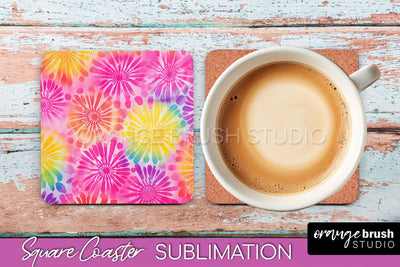 Tie Dye Square Coaster - Rainbow Coaster Sublimation Design Sublimation OrangeBrushStudio 
