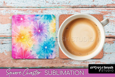 Tie Dye Square Coaster - Rainbow Coaster Sublimation Design Sublimation OrangeBrushStudio 
