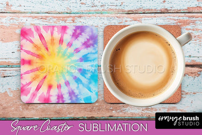 Tie Dye Square Coaster - Rainbow Coaster Sublimation Design Sublimation OrangeBrushStudio 