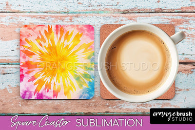 Tie Dye Square Coaster - Rainbow Coaster Sublimation Design Sublimation OrangeBrushStudio 