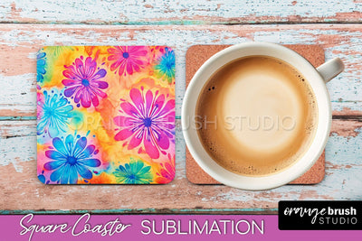 Tie Dye Square Coaster - Rainbow Coaster Sublimation Design Sublimation OrangeBrushStudio 