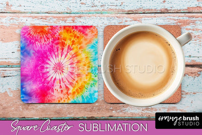 Tie Dye Square Coaster - Rainbow Coaster Sublimation Design Sublimation OrangeBrushStudio 