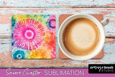 Tie Dye Square Coaster - Rainbow Coaster Sublimation Design Sublimation OrangeBrushStudio 