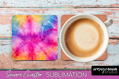 Tie Dye Square Coaster - Rainbow Coaster Sublimation Design Sublimation OrangeBrushStudio 