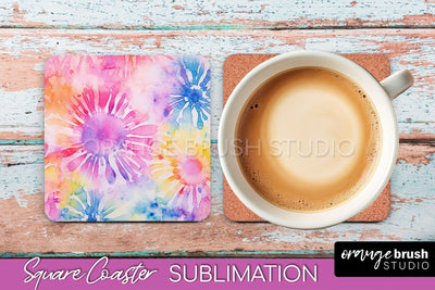 Tie Dye Square Coaster - Rainbow Coaster Sublimation Design Sublimation OrangeBrushStudio 